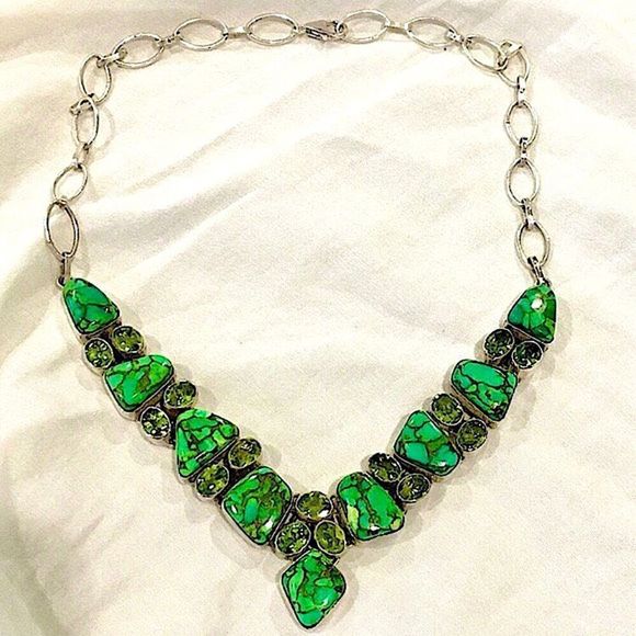 Mohave Lime Green Copper Infused Turquoise Peridot Sterling Silver 925 Necklace - Picture 6 of 16